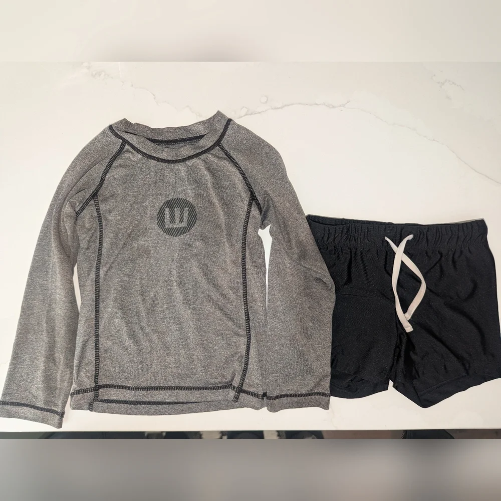 Gray and Black Rash Guard and Shorts
